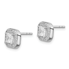 Sterling Silver Rhodium Plated Square Clear Center and Clear CZ Post Earrings
