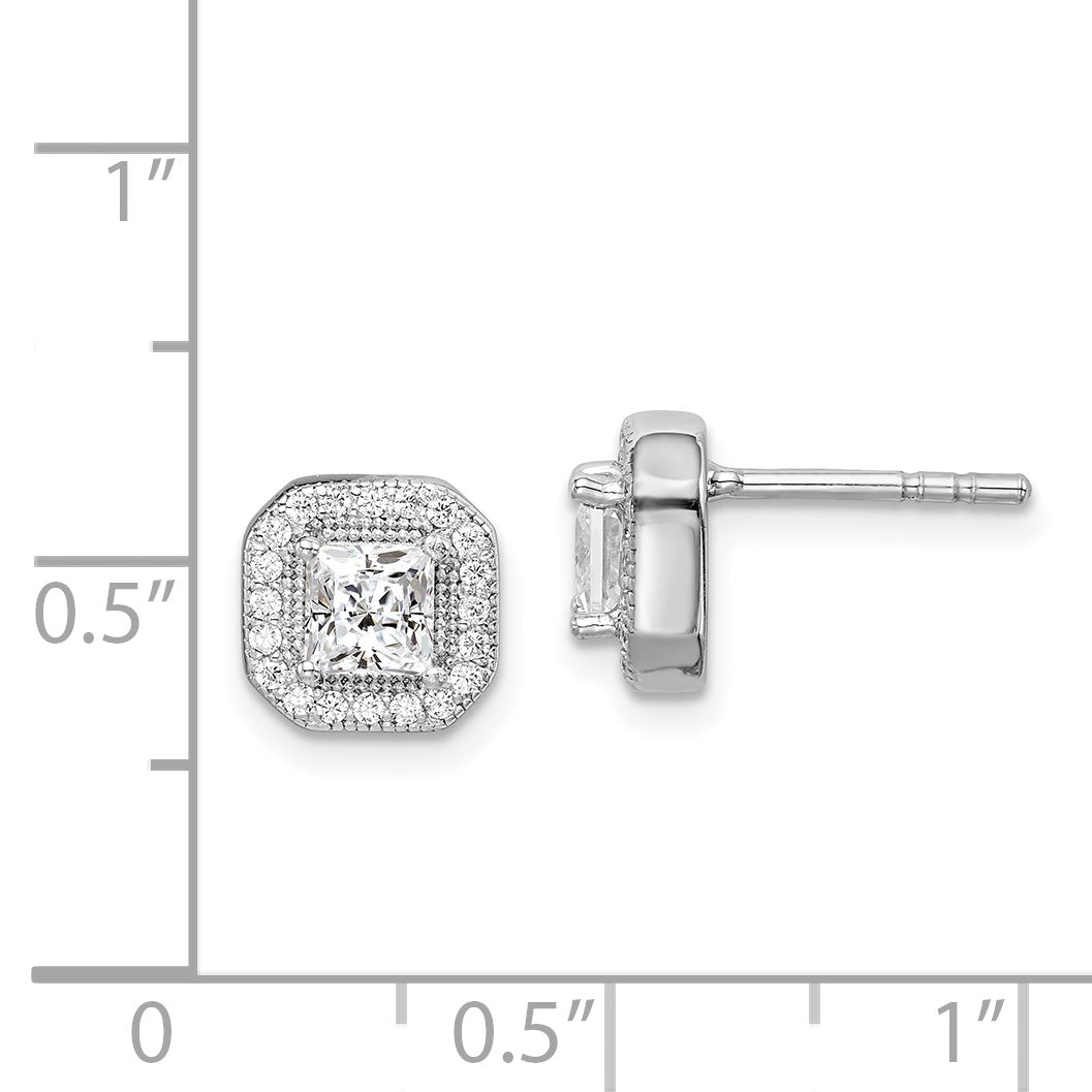 Sterling Silver Rhodium Plated Square Clear Center and Clear CZ Post Earrings