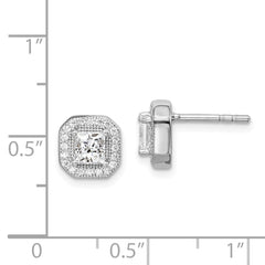 Sterling Silver Rhodium Plated Square Clear Center and Clear CZ Post Earrings