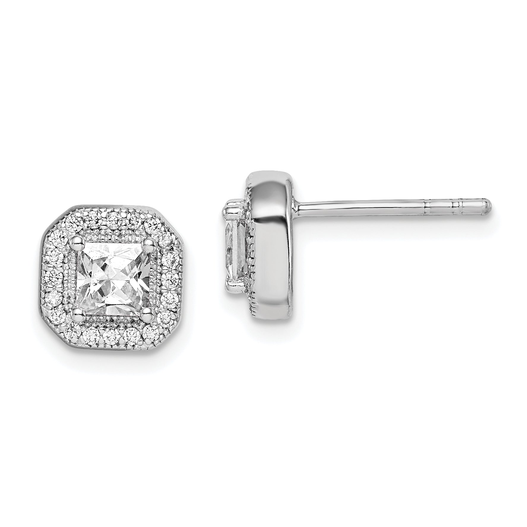 Sterling Silver Rhodium Plated Square Clear Center and Clear CZ Post Earrings Main image