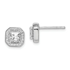 Sterling Silver Rhodium Plated Square Clear Center and Clear CZ Post Earrings