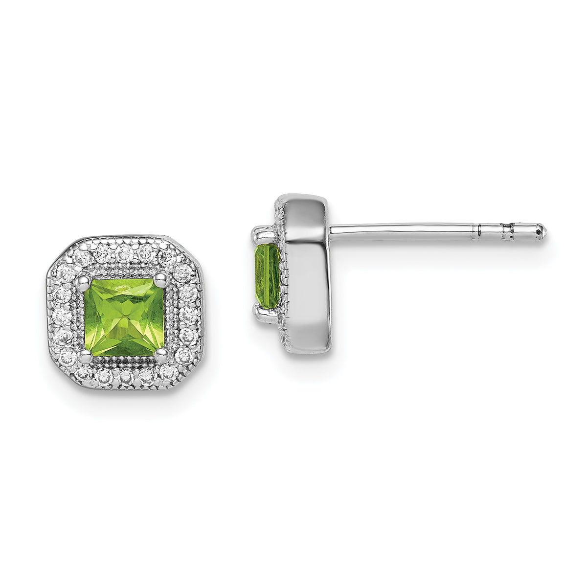Sterling Silver Rhodium Plated Square Green and Clear CZ Post Earrings
