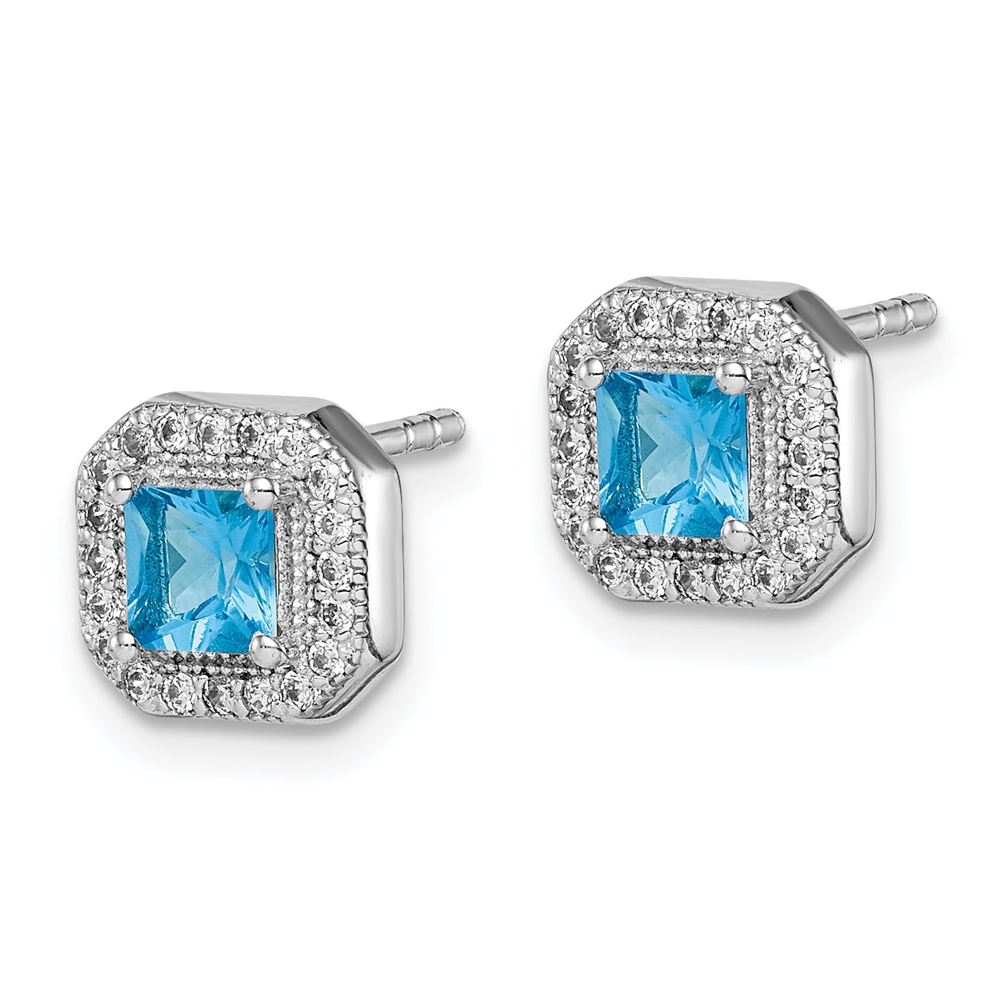 Sterling Silver Rhodium Plated Square Blue and Clear CZ Post Earrings