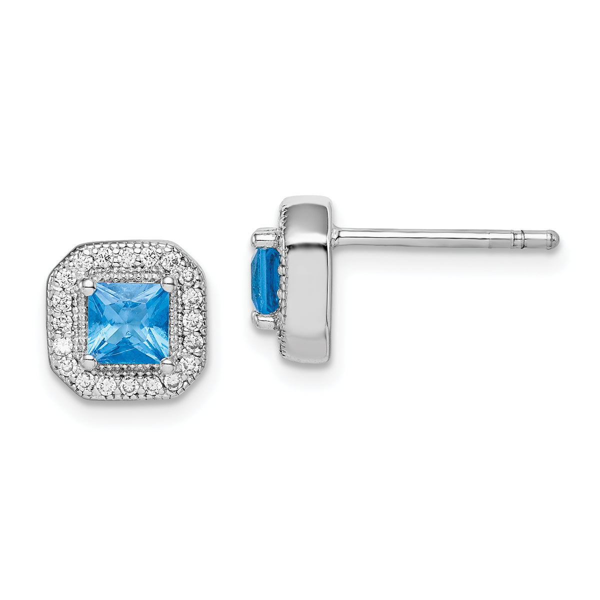 Sterling Silver Rhodium Plated Square Blue and Clear CZ Post Earrings