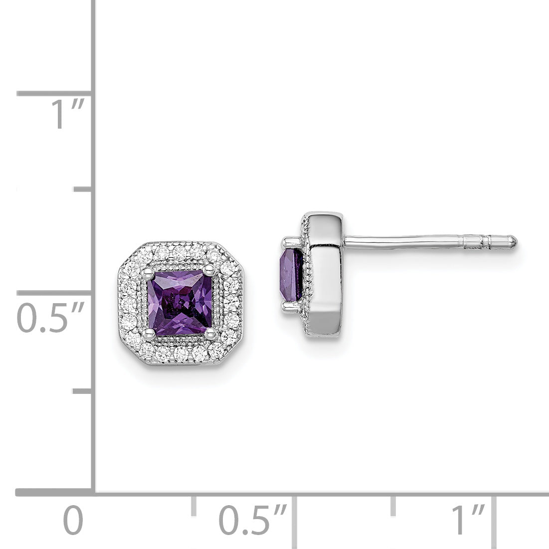 Sterling Silver Rhodium Plated Square Purple CZ and Clear CZ Post Earrings