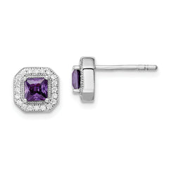 Sterling Silver Rhodium Plated Square Purple CZ and Clear CZ Post Earrings