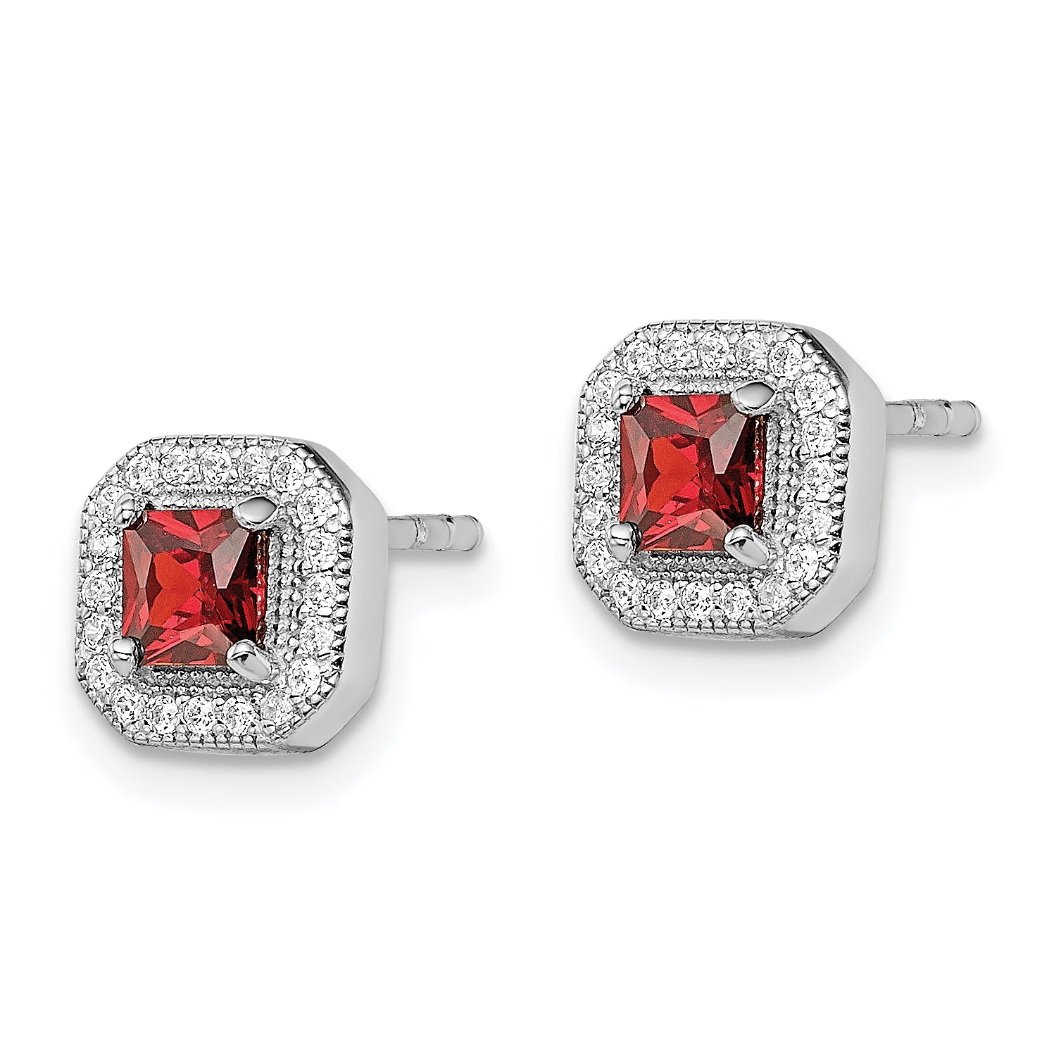 Sterling Silver Rhodium Plated Square Red CZ and Clear CZ Post Earrings