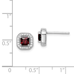 Sterling Silver Rhodium Plated Square Red CZ and Clear CZ Post Earrings