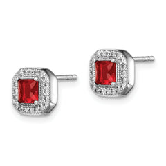 Sterling Silver Rhodium Plated Square Red CZ and Clear CZ Post Earrings