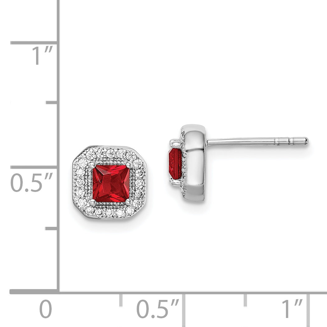 Sterling Silver Rhodium Plated Square Red CZ and Clear CZ Post Earrings