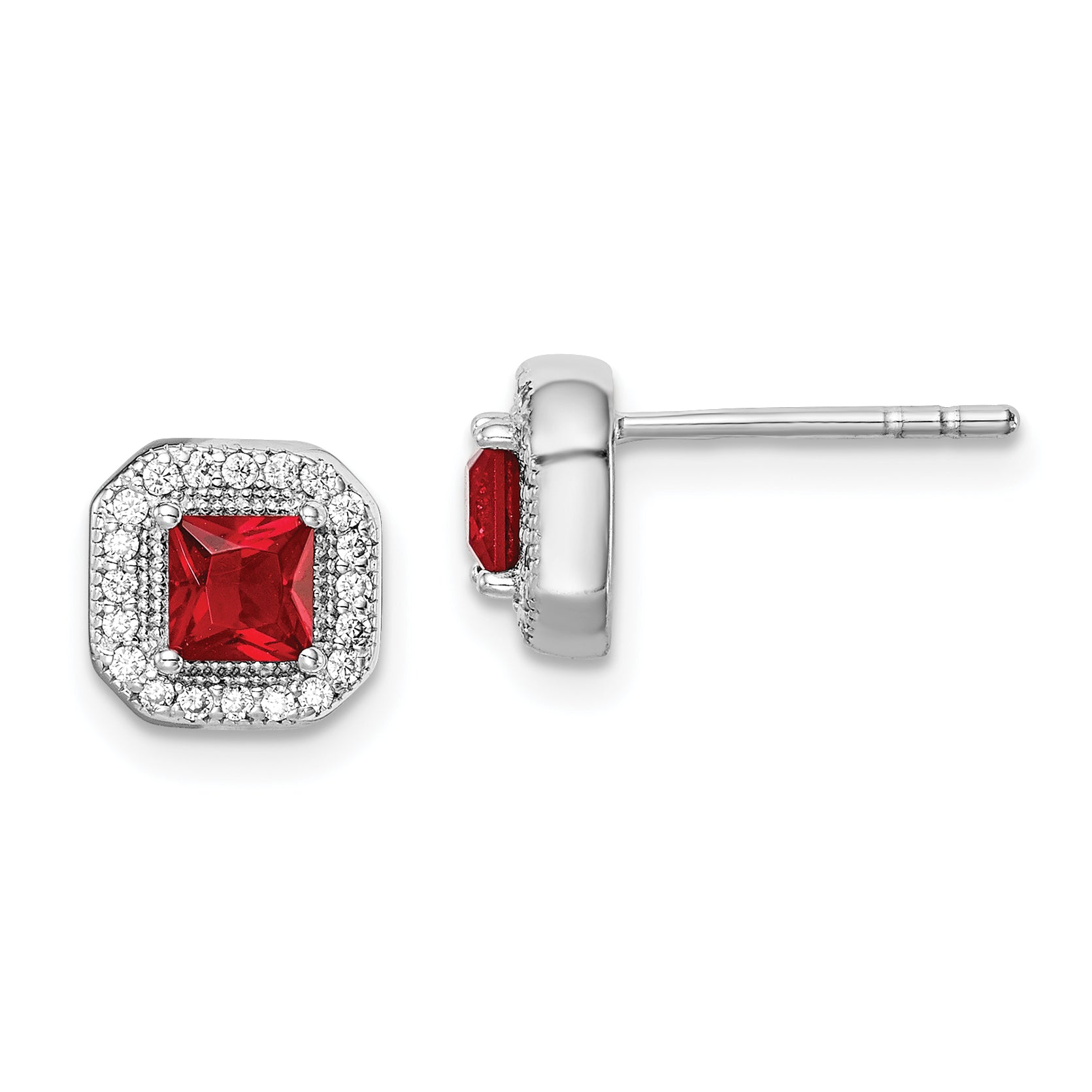 Sterling Silver Rhodium Plated Square Red CZ and Clear CZ Post Earrings
