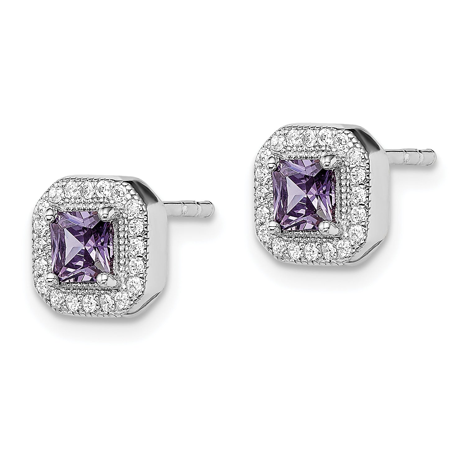 Sterling Silver Rhodium Plated Square Light Purple and Clear CZ Post Earrings Secondary image