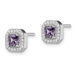 Sterling Silver Rhodium Plated Square Light Purple and Clear CZ Post Earrings