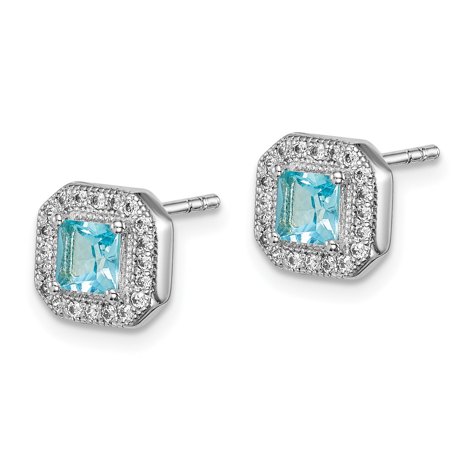 Sterling Silver Rhodium Plated Square Light Blue and Clear CZ Post Earrings Secondary image