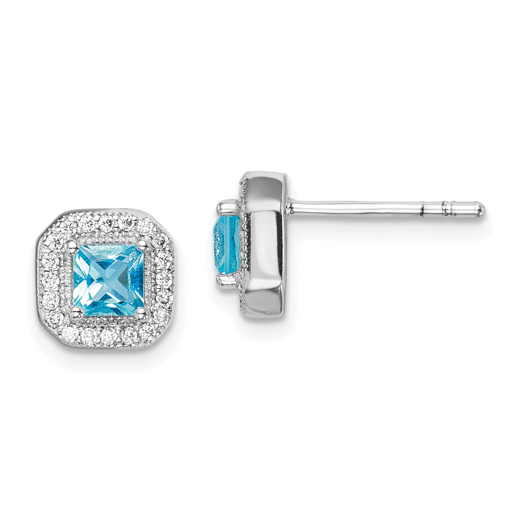 Sterling Silver Rhodium Plated Square Light Blue and Clear CZ Post Earrings Main image