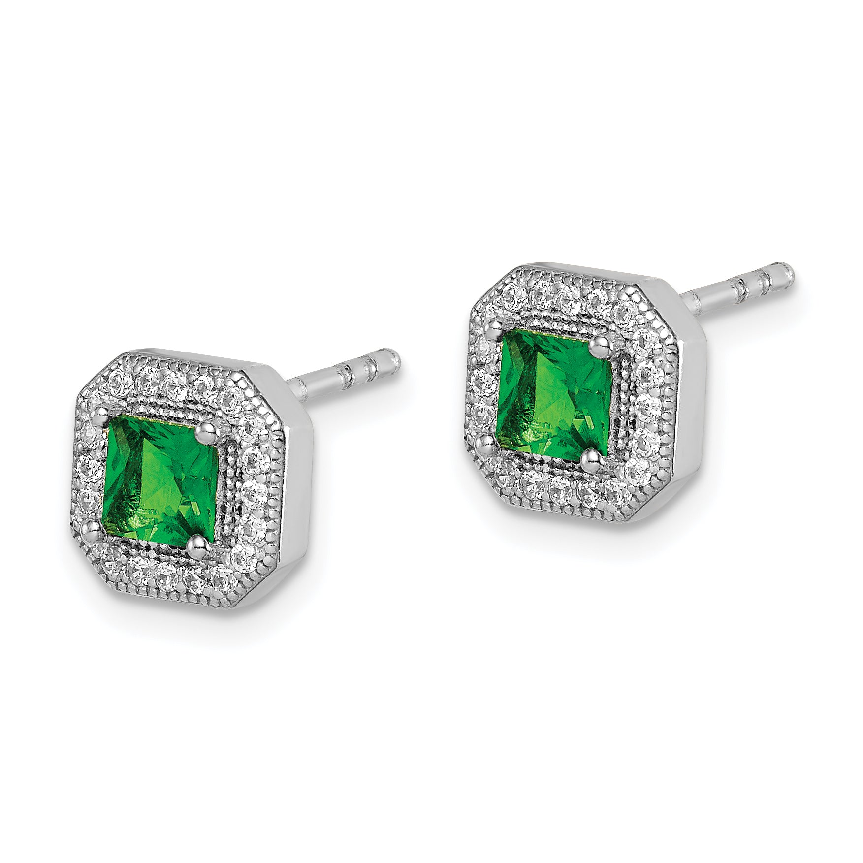 Sterling Silver Rhodium Plated Square Green and Clear CZ Post Earrings Secondary image