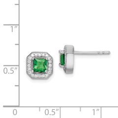 Sterling Silver Rhodium Plated Square Green and Clear CZ Post Earrings