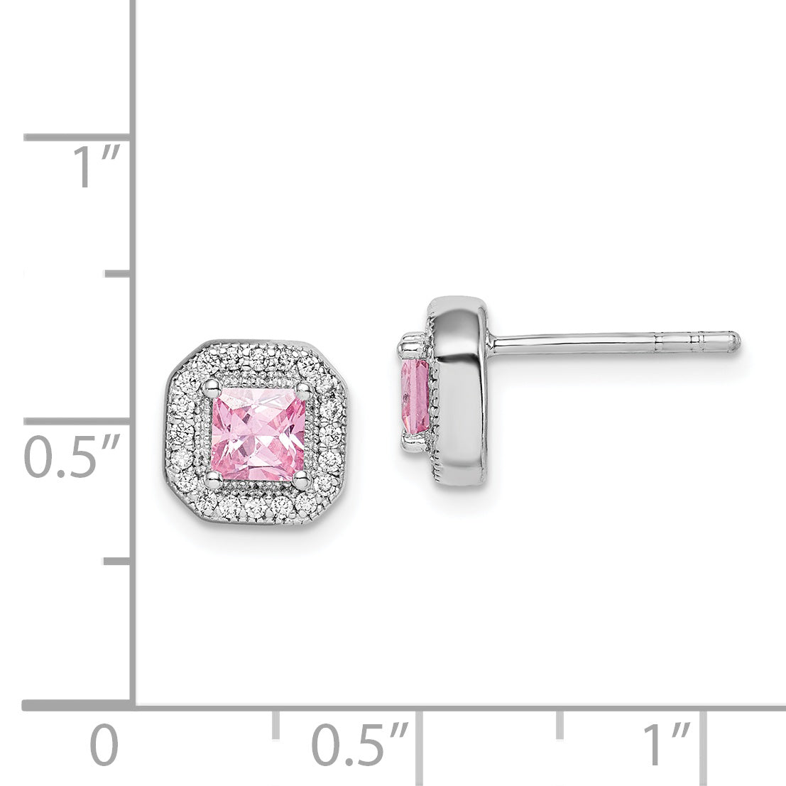 Sterling Silver Rhodium Plated Square Pink CZ and Clear CZ Post Earrings