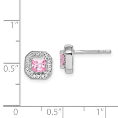 Sterling Silver Rhodium Plated Square Pink CZ and Clear CZ Post Earrings