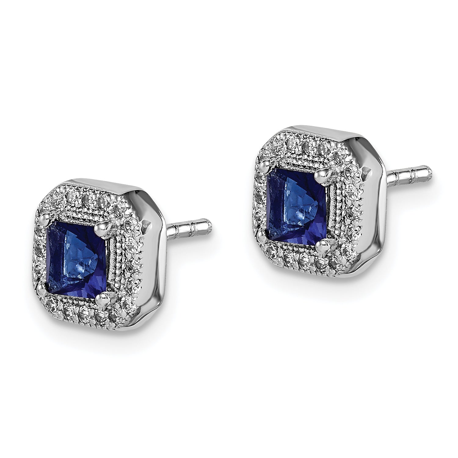 Sterling Silver Rhodium Plated Square Blue and Clear CZ Post Earrings
