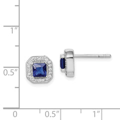 Sterling Silver Rhodium Plated Square Blue and Clear CZ Post Earrings