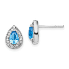 Sterling Silver Rhodium Plated Blue and Clear CZ Post Earrings