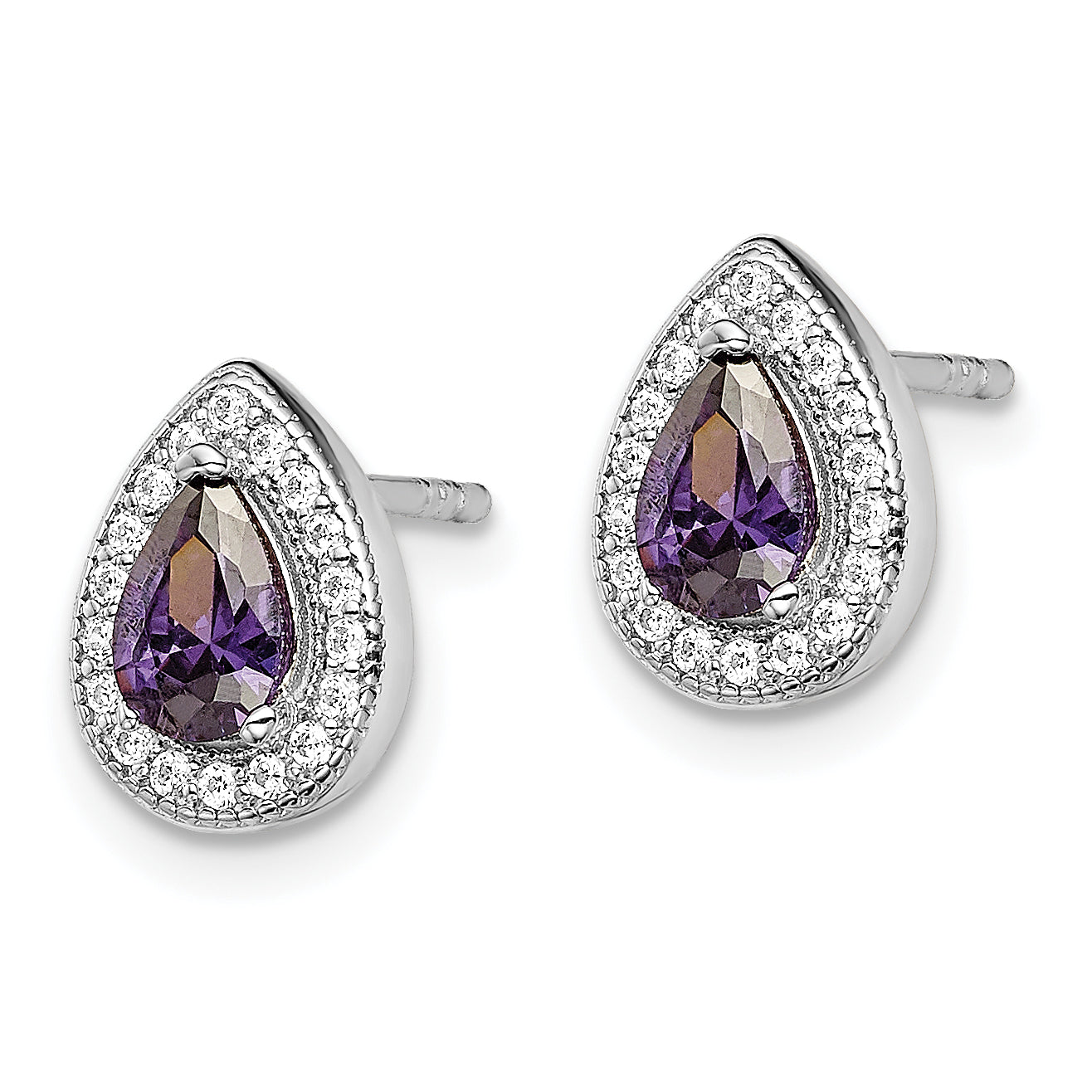 Sterling Silver Rhod Plated Purple and Clear CZ Earrings