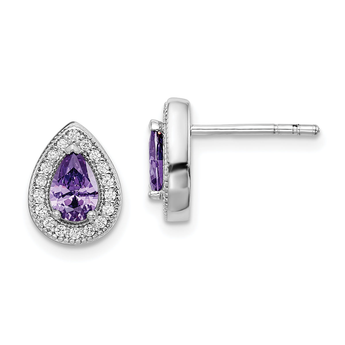 Sterling Silver Rhod Plated Purple and Clear CZ Earrings