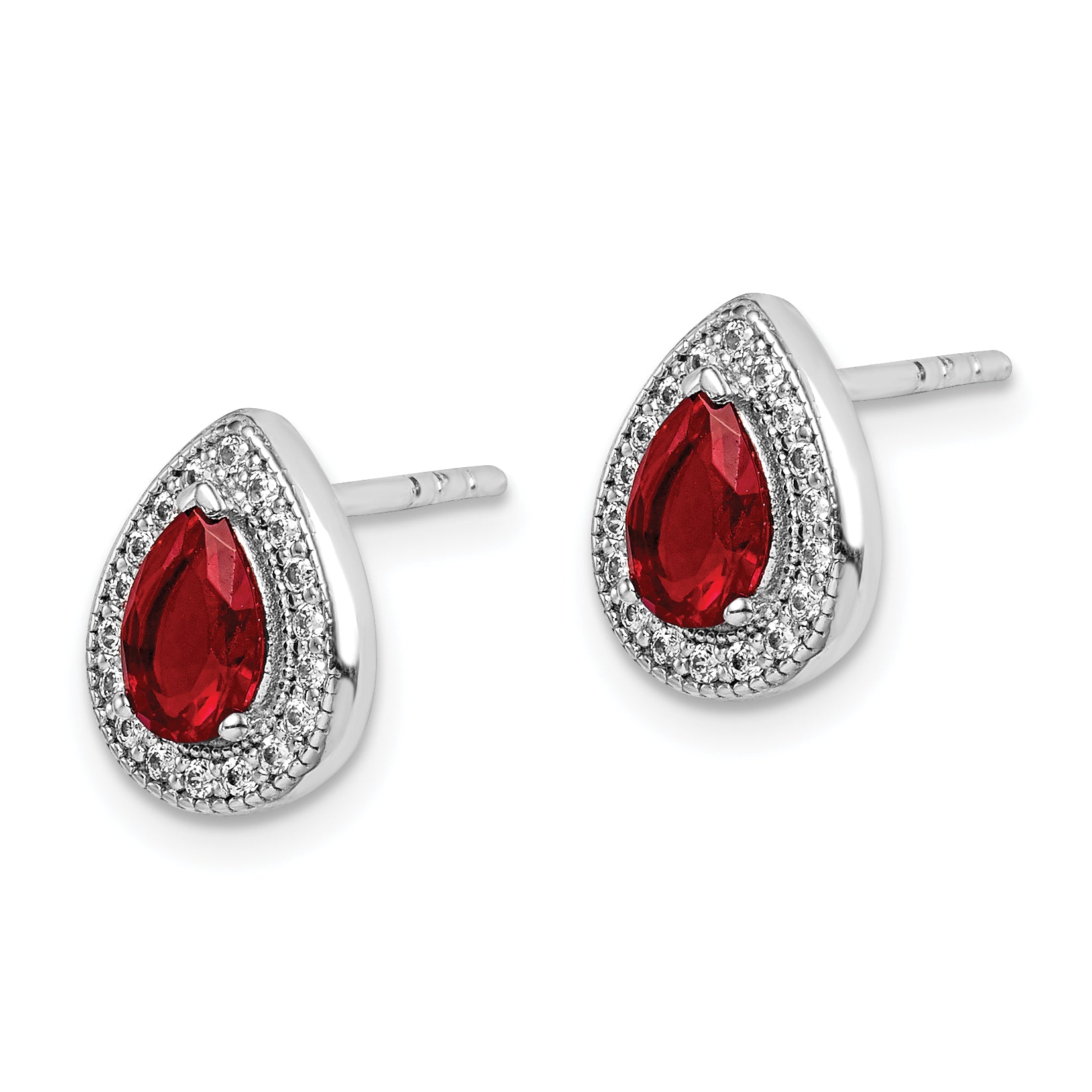 Sterling Silver Rhod Plated Red and Clear CZ Post Earrings
