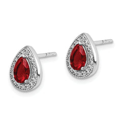 Sterling Silver Rhod Plated Red and Clear CZ Post Earrings