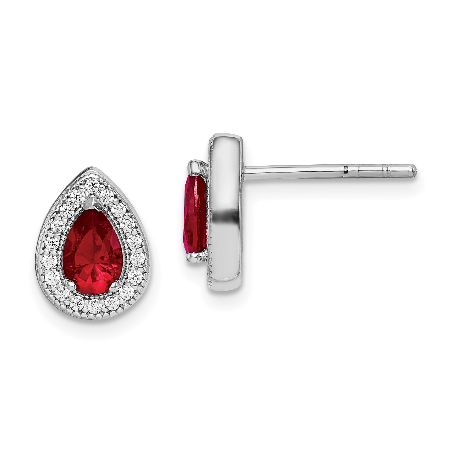 Sterling Silver Rhod Plated Red and Clear CZ Post Earrings