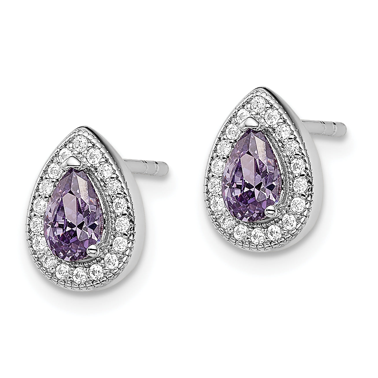 Sterling Silver Rhodium-Plated Purple and Clear CZ Post Earrings Secondary image