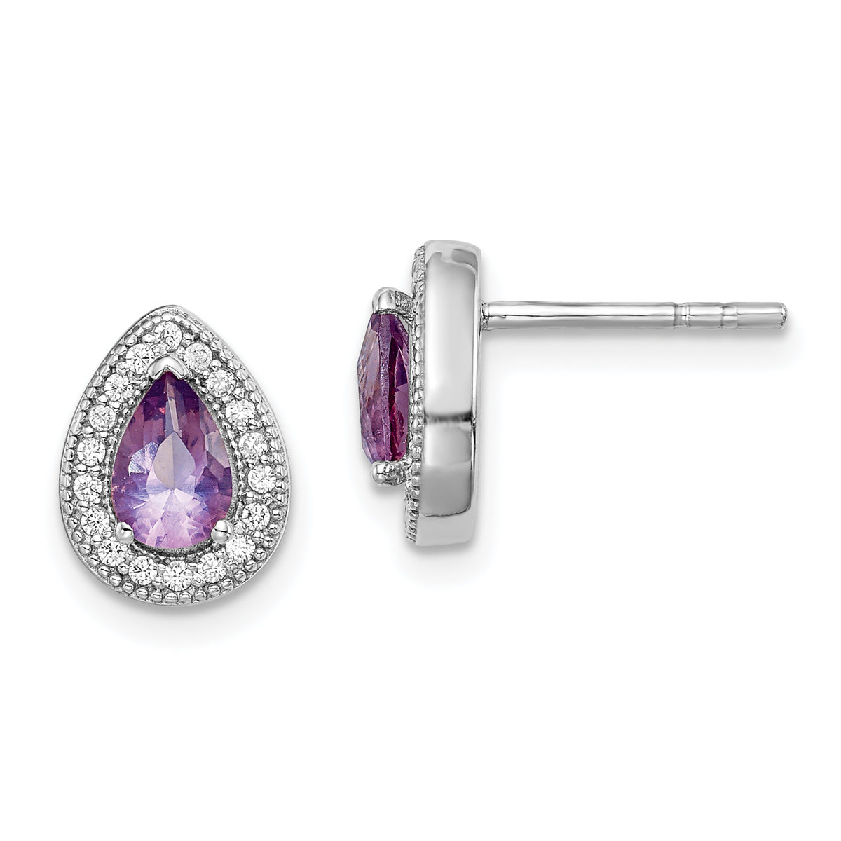 Sterling Silver Rhodium-Plated Purple and Clear CZ Post Earrings