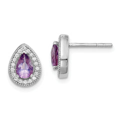 Sterling Silver Rhodium-Plated Purple and Clear CZ Post Earrings