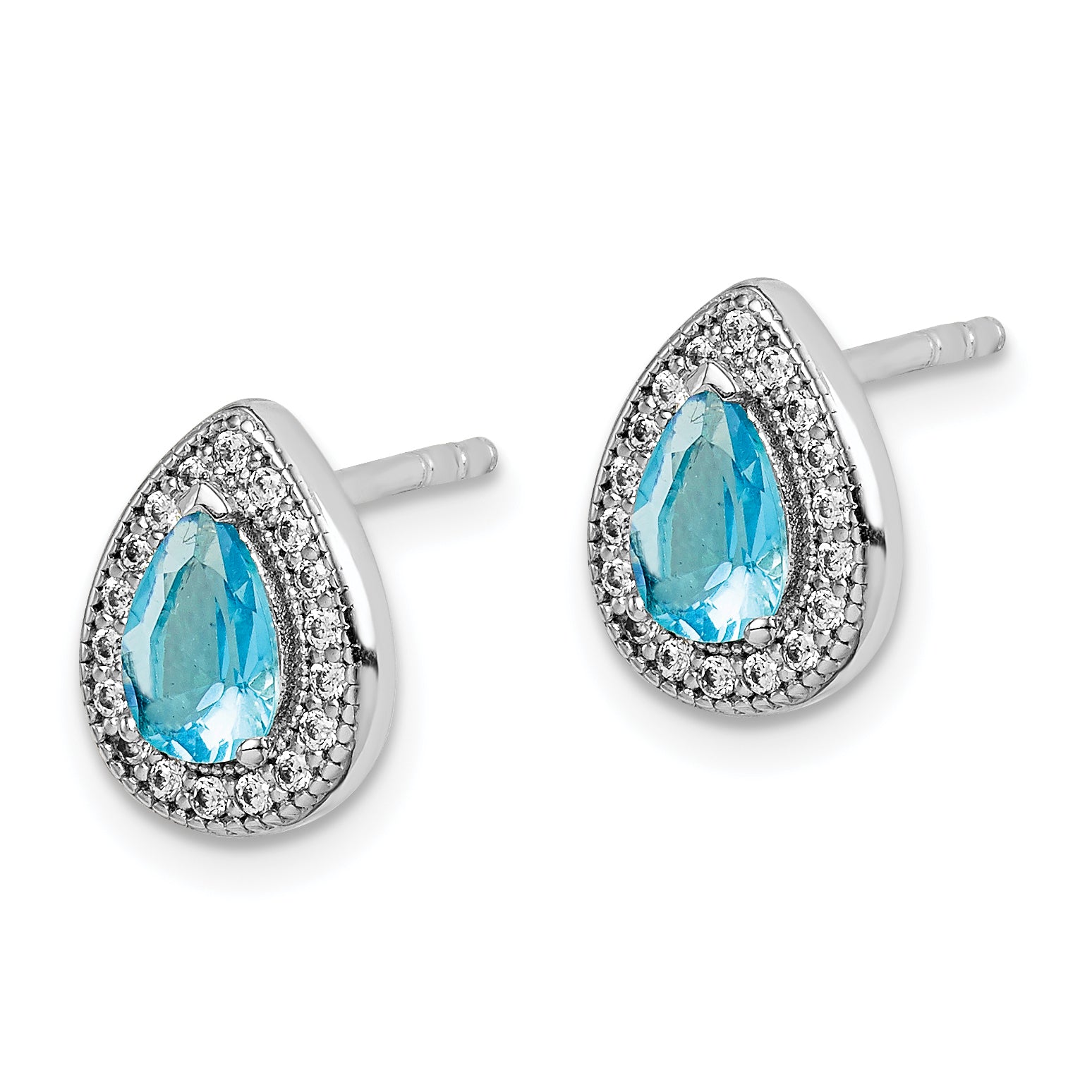 Sterling Silver Rhod Plated Blue and Clear CZ Post Earrings