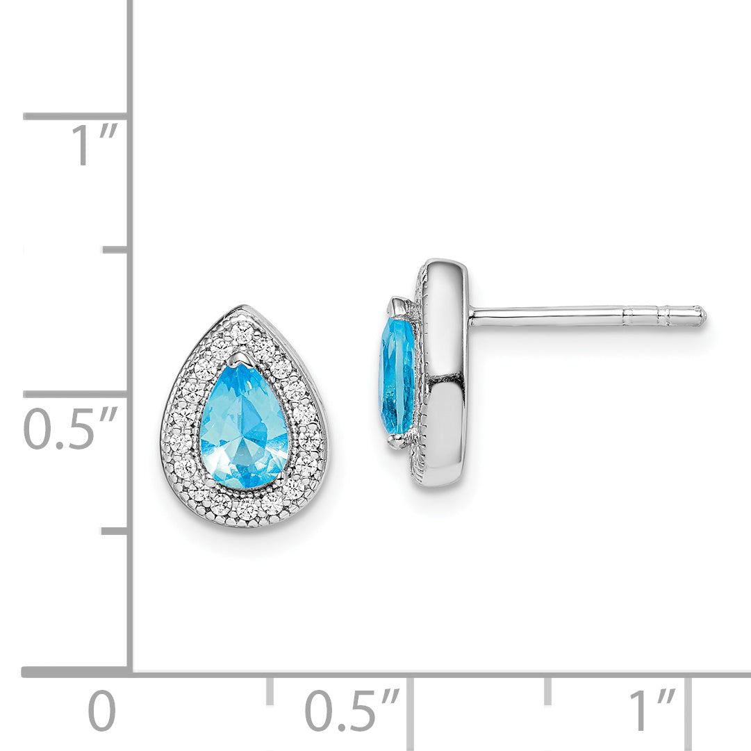 Sterling Silver Rhod Plated Blue and Clear CZ Post Earrings