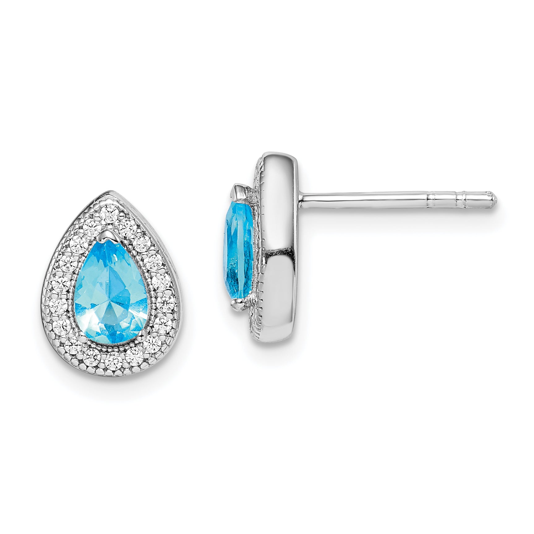 Sterling Silver Rhod Plated Blue and Clear CZ Post Earrings Main image
