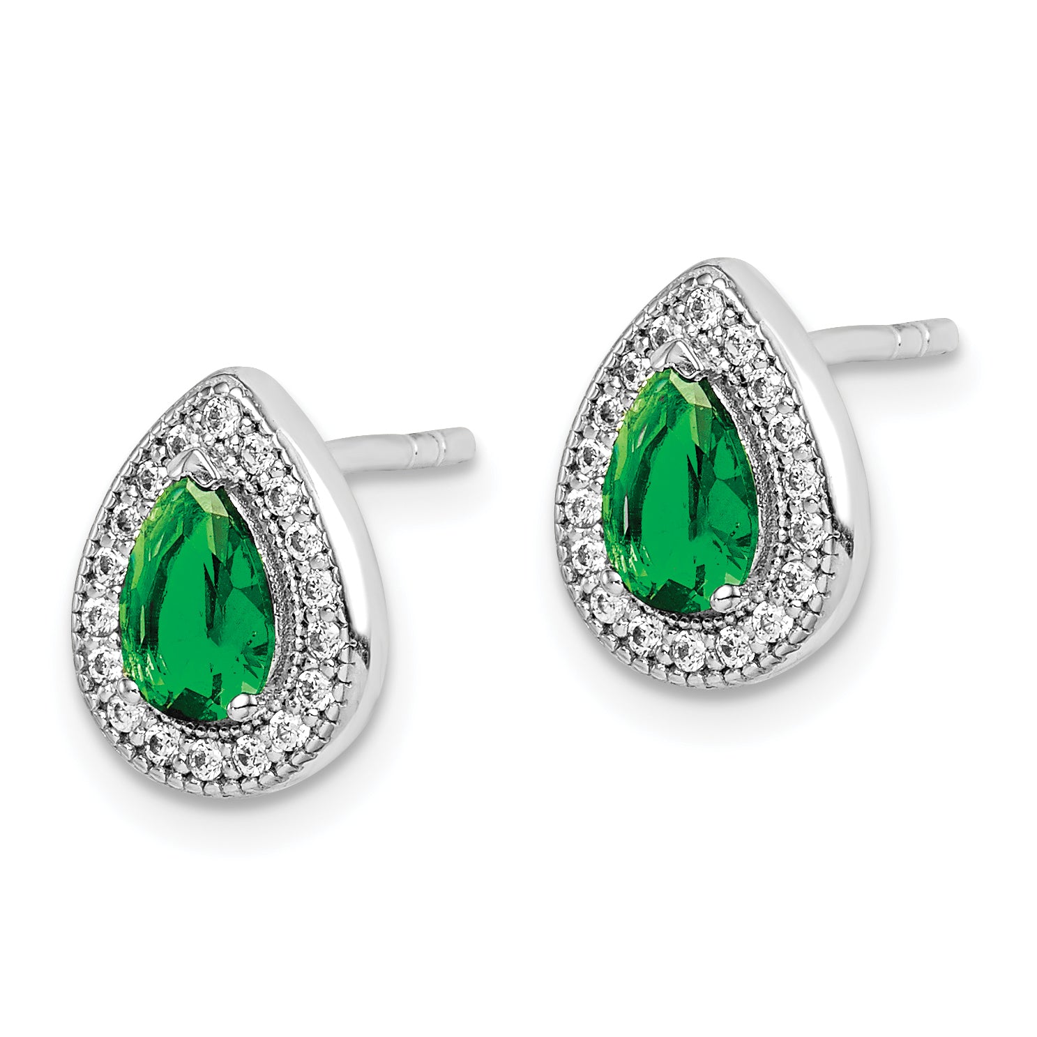 Sterling Silver Rhodium Plated Green and Clear CZ Post Earrings