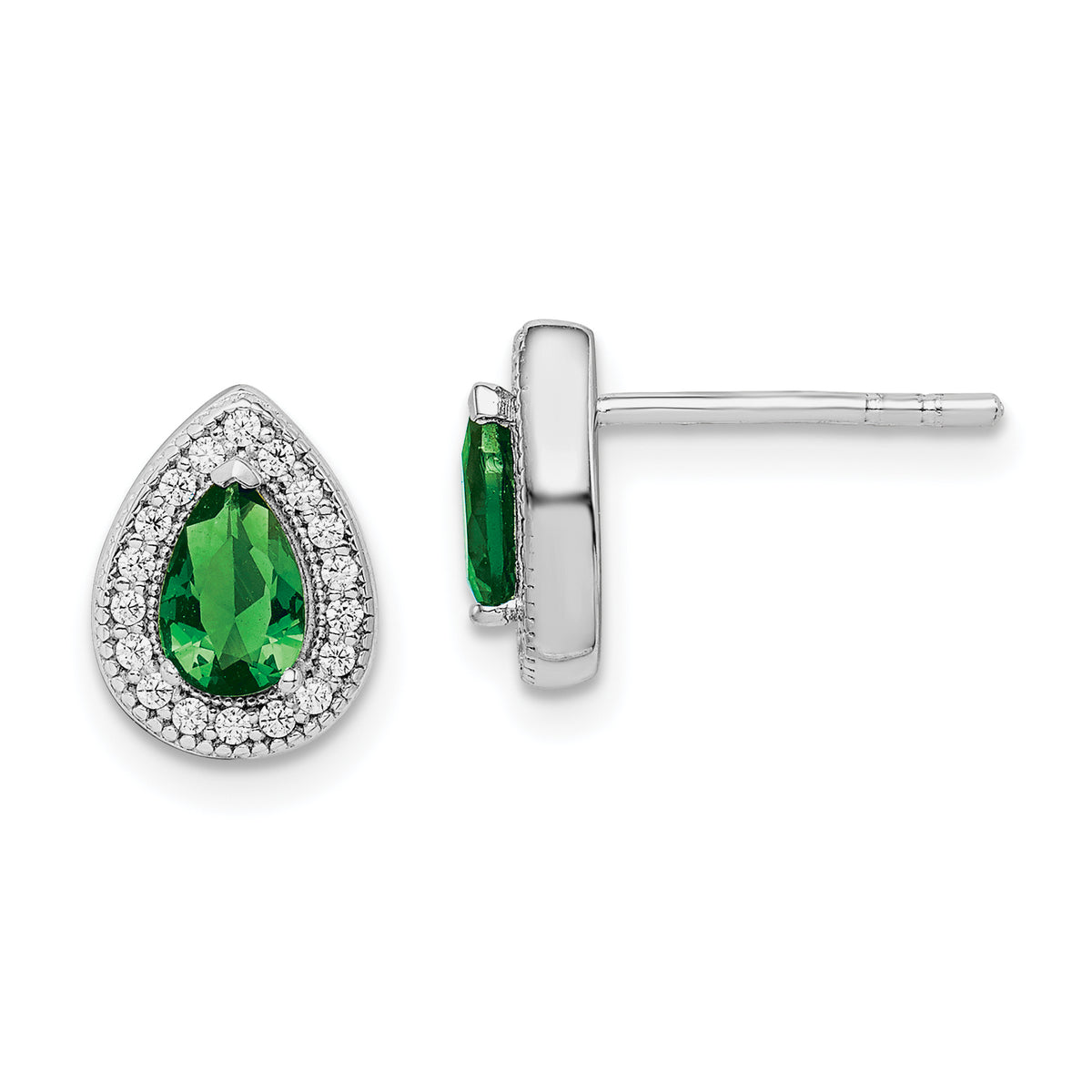 Sterling Silver Rhodium Plated Green and Clear CZ Post Earrings