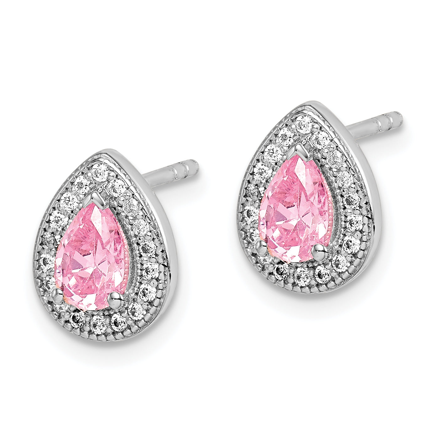 Sterling Silver Rhodium Plated Pink and Clear CZ Post Earrings