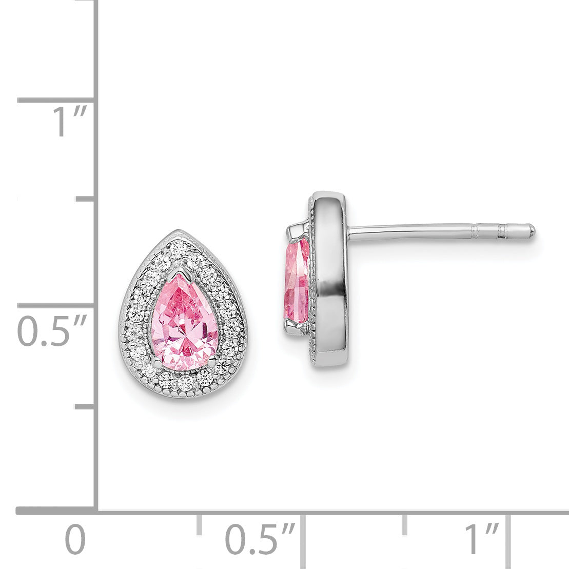 Sterling Silver Rhodium Plated Pink and Clear CZ Post Earrings