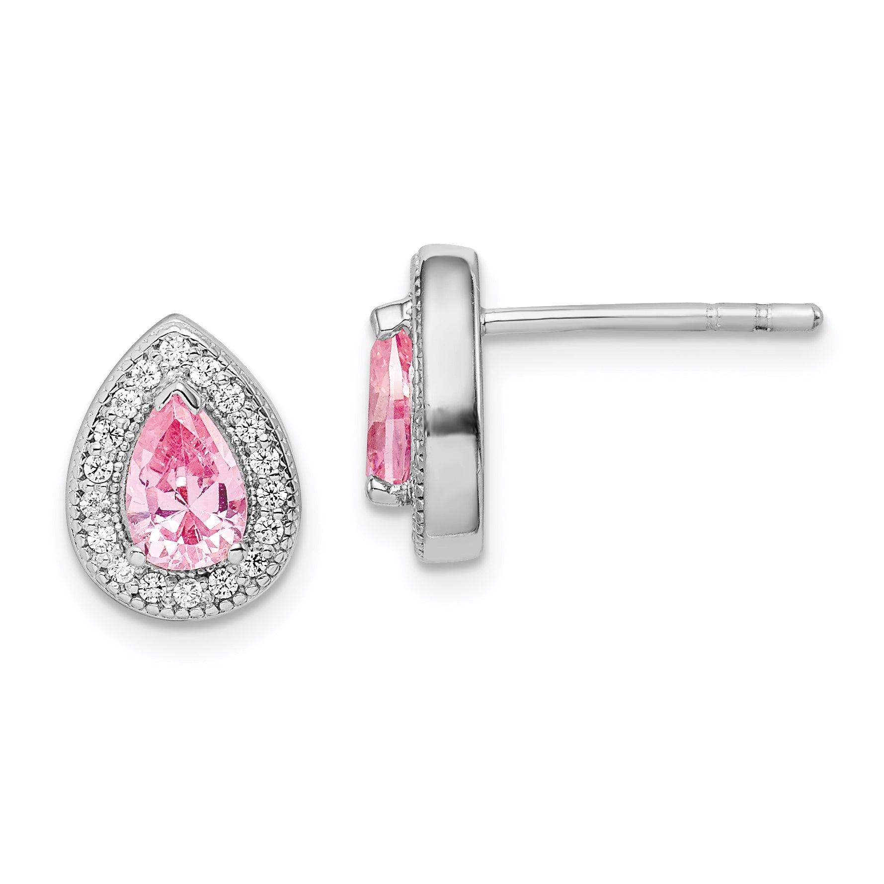 Sterling Silver Rhodium Plated Pink and Clear CZ Post Earrings Main image