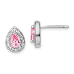 Sterling Silver Rhodium Plated Pink and Clear CZ Post Earrings