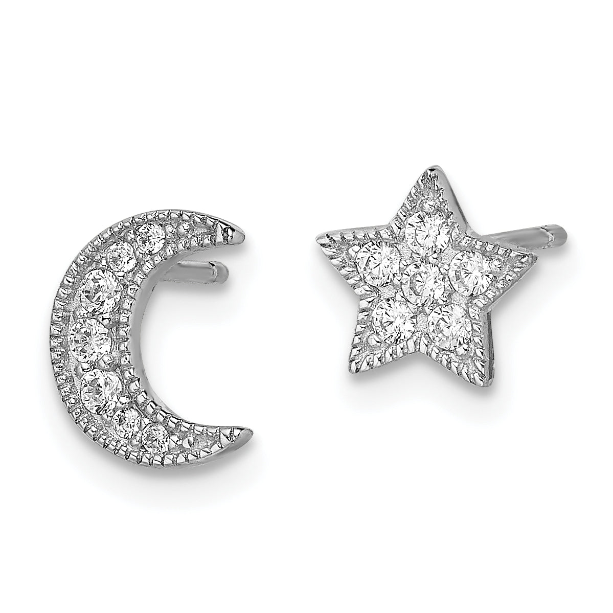 Sterling Silver Rhodium-Plated CZ Star and Moon Left/Right Earrings