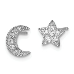 Sterling Silver Rhodium-Plated CZ Star and Moon Left/Right Earrings