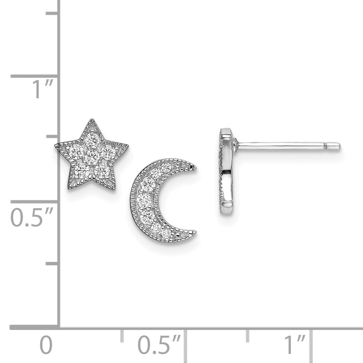 Sterling Silver Rhodium-Plated CZ Star and Moon Left/Right Earrings