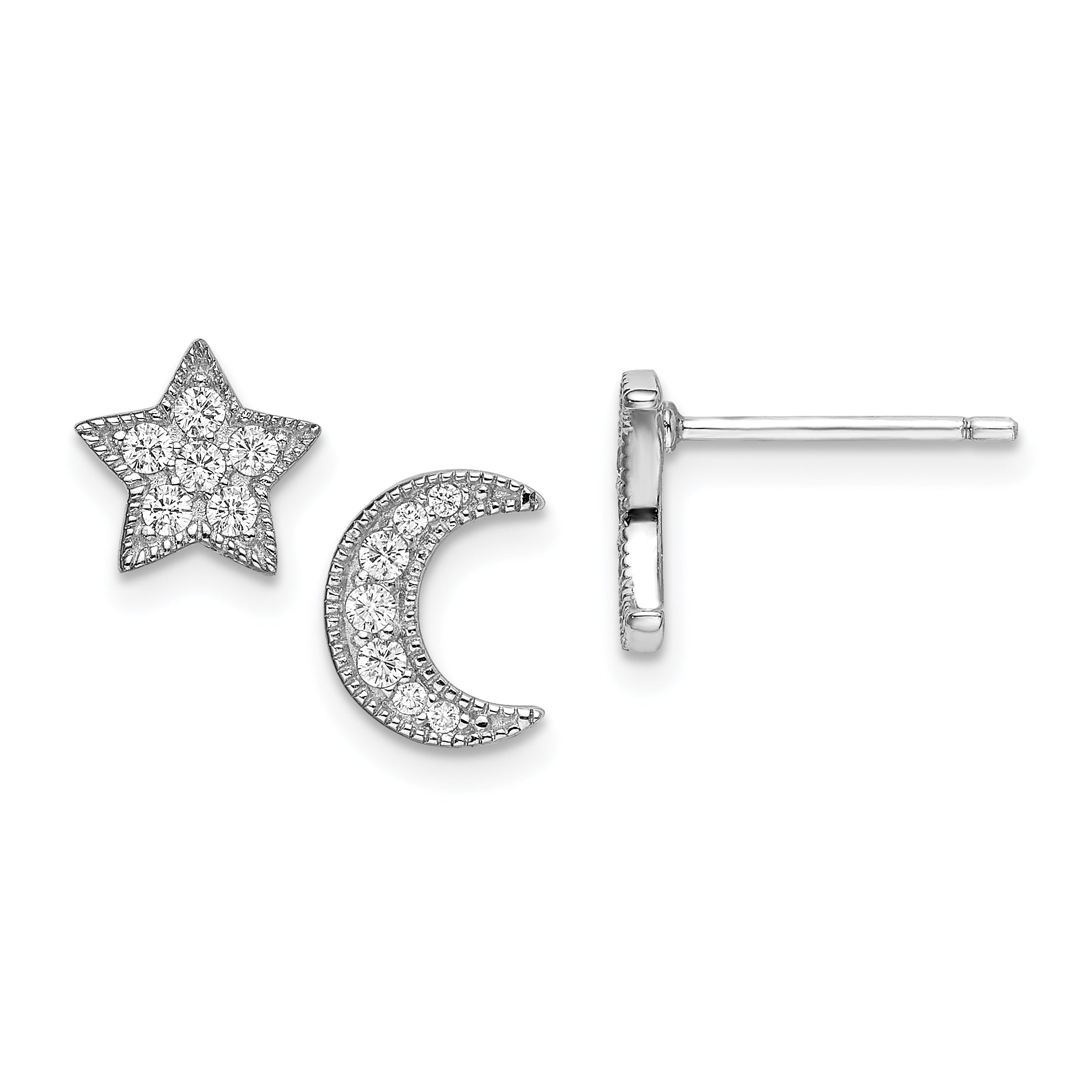 Sterling Silver Rhodium-Plated CZ Star and Moon Left/Right Earrings