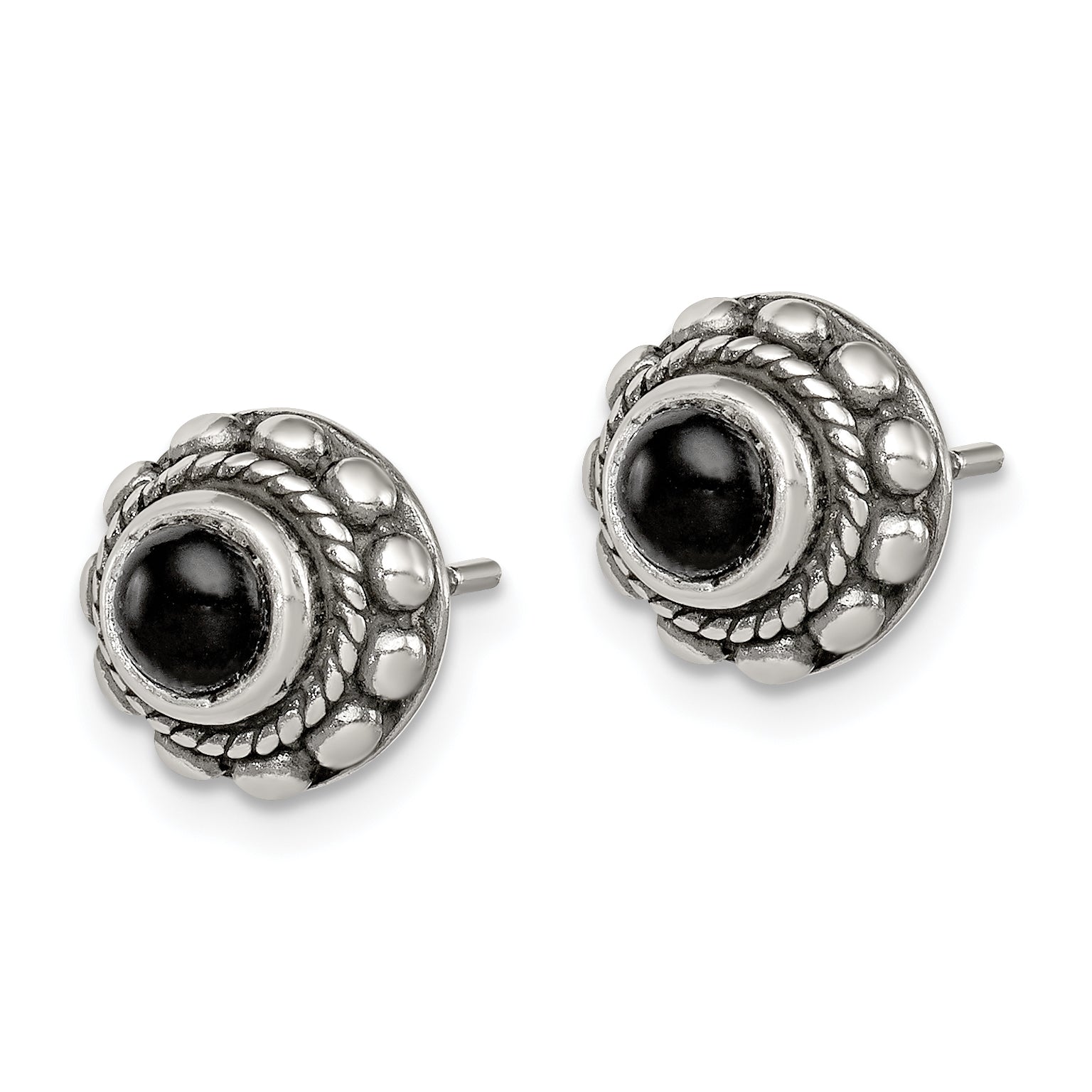 Sterling Silver Polished & Antiqued Textured Onyx Round Post Earrings