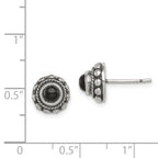 Sterling Silver Polished & Antiqued Textured Onyx Round Post Earrings