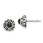 Sterling Silver Polished & Antiqued Textured Onyx Round Post Earrings